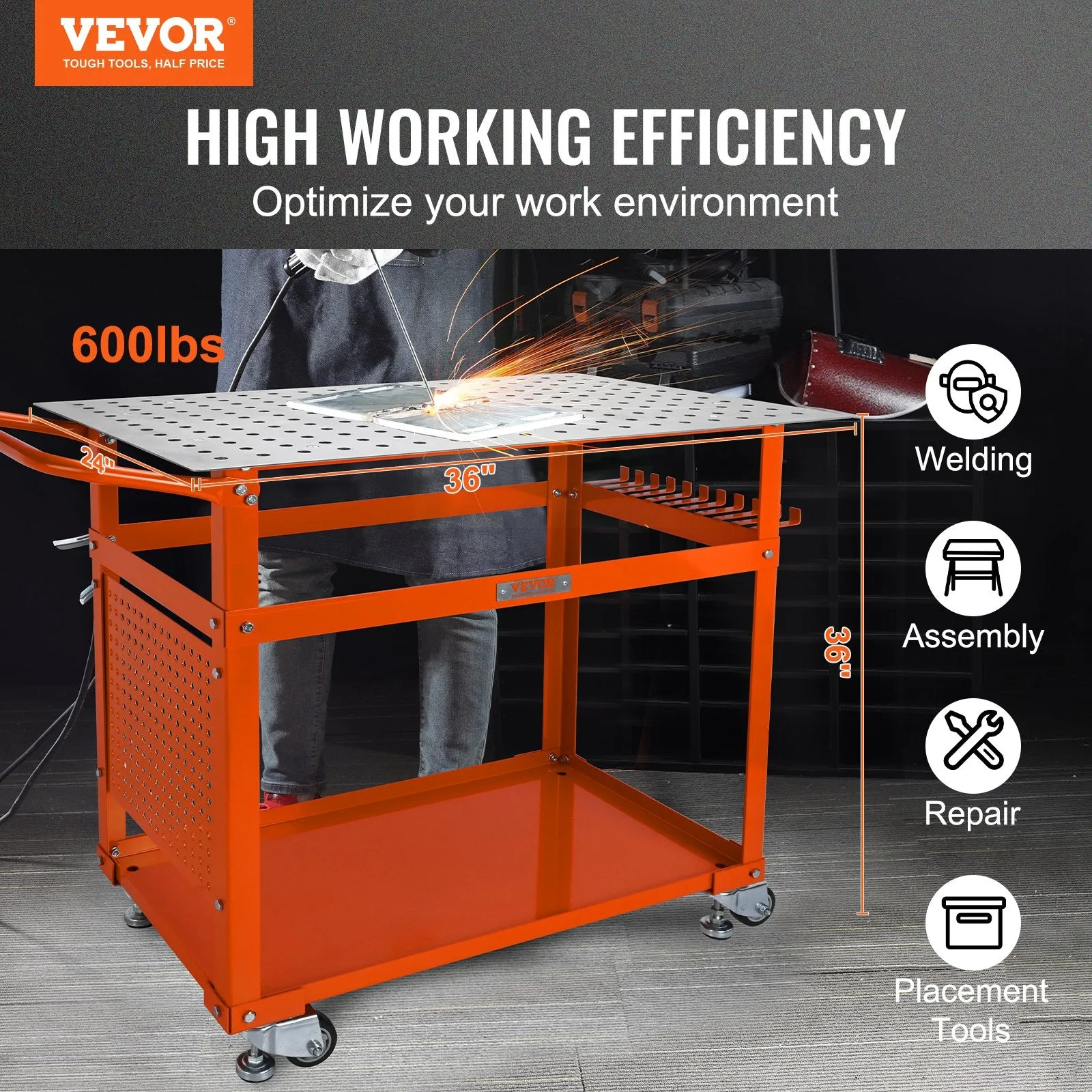 Vevor Welding Table 36" x 24" Steel Workbench on Wheels 600 Lbs Load Capacity New