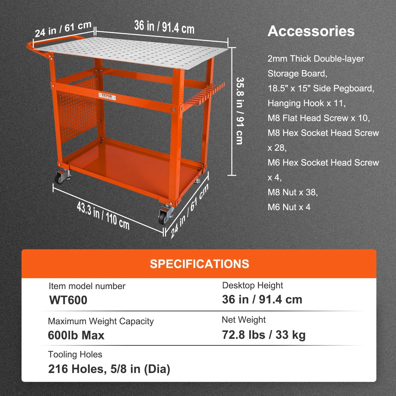 Vevor Welding Table 36" x 24" Steel Workbench on Wheels 600 Lbs Load Capacity New