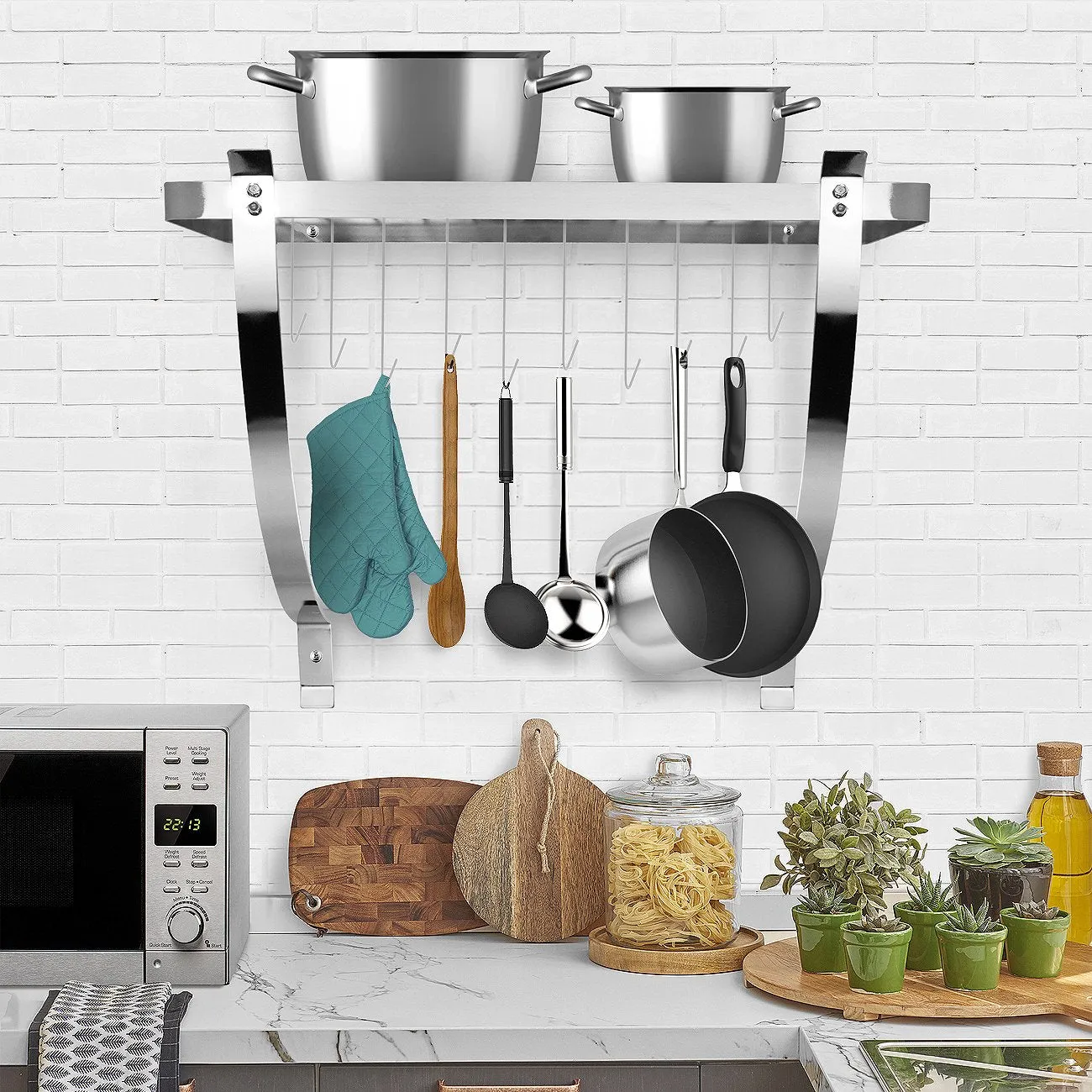 Wall Mounted Pot Rack with Hooks