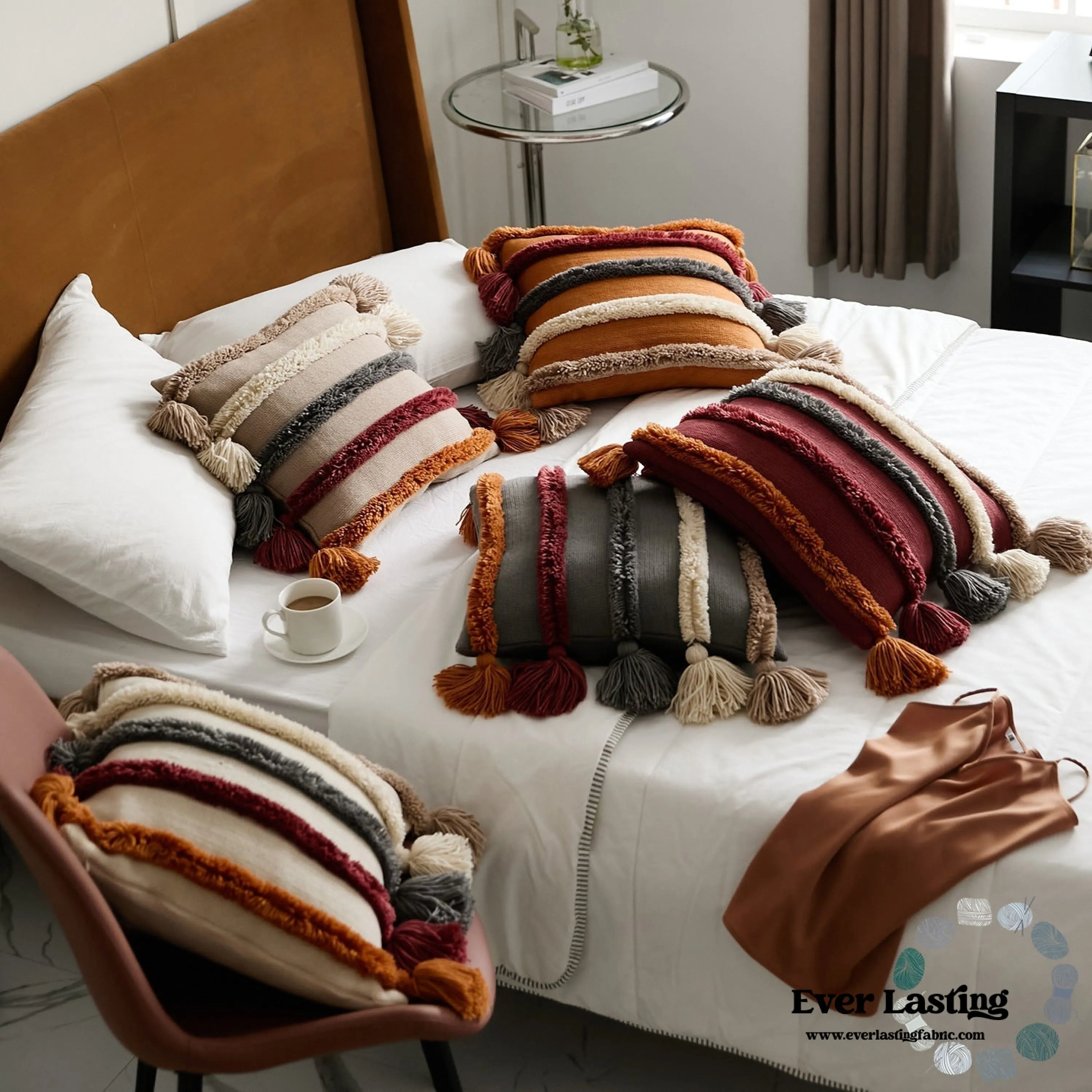 Warm Tone Fall Tufted Pillows with Tassels / Burnt Orange