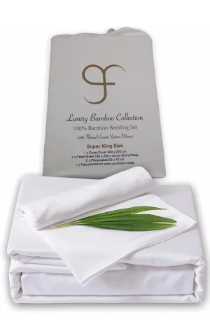 White Super King Size GF 100% Organic Bamboo 300tc Luxurious sateen weave Bedding Set Duvet Cover, Extra Deep 40cm Fitted Sheet, 2 x Pillow Cases