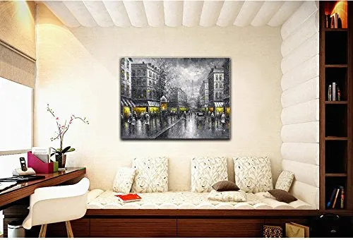 Wieco Art - Paris Street View Extra Large Modern Giclee Contemporary Cityscape Artwork Decorative Landscape Oil Paintings reproduction on Canvas Wall Art for Home Decorations Wall Decor 48x36inch