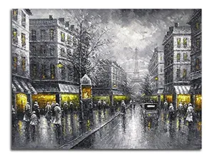 Wieco Art - Paris Street View Extra Large Modern Giclee Contemporary Cityscape Artwork Decorative Landscape Oil Paintings reproduction on Canvas Wall Art for Home Decorations Wall Decor 48x36inch