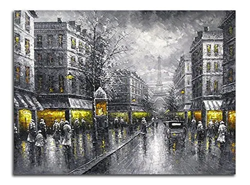 Wieco Art - Paris Street View Extra Large Modern Giclee Contemporary Cityscape Artwork Decorative Landscape Oil Paintings reproduction on Canvas Wall Art for Home Decorations Wall Decor 48x36inch