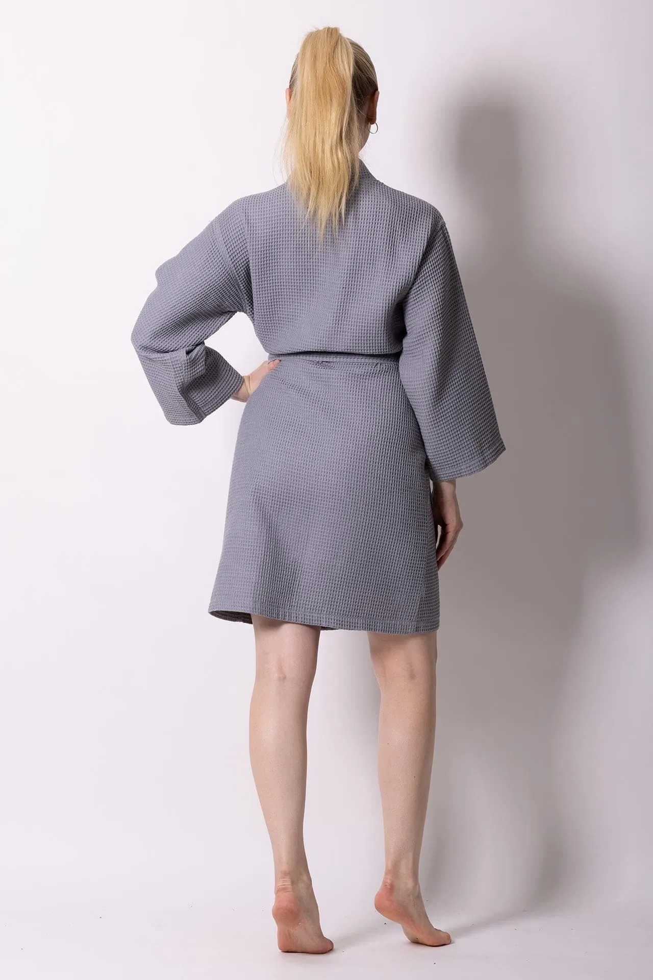 Women's Waffle Kimono Bathrobe, Knee Length, Stylish Cotton Turkish & Comfort Soft (Gray)
