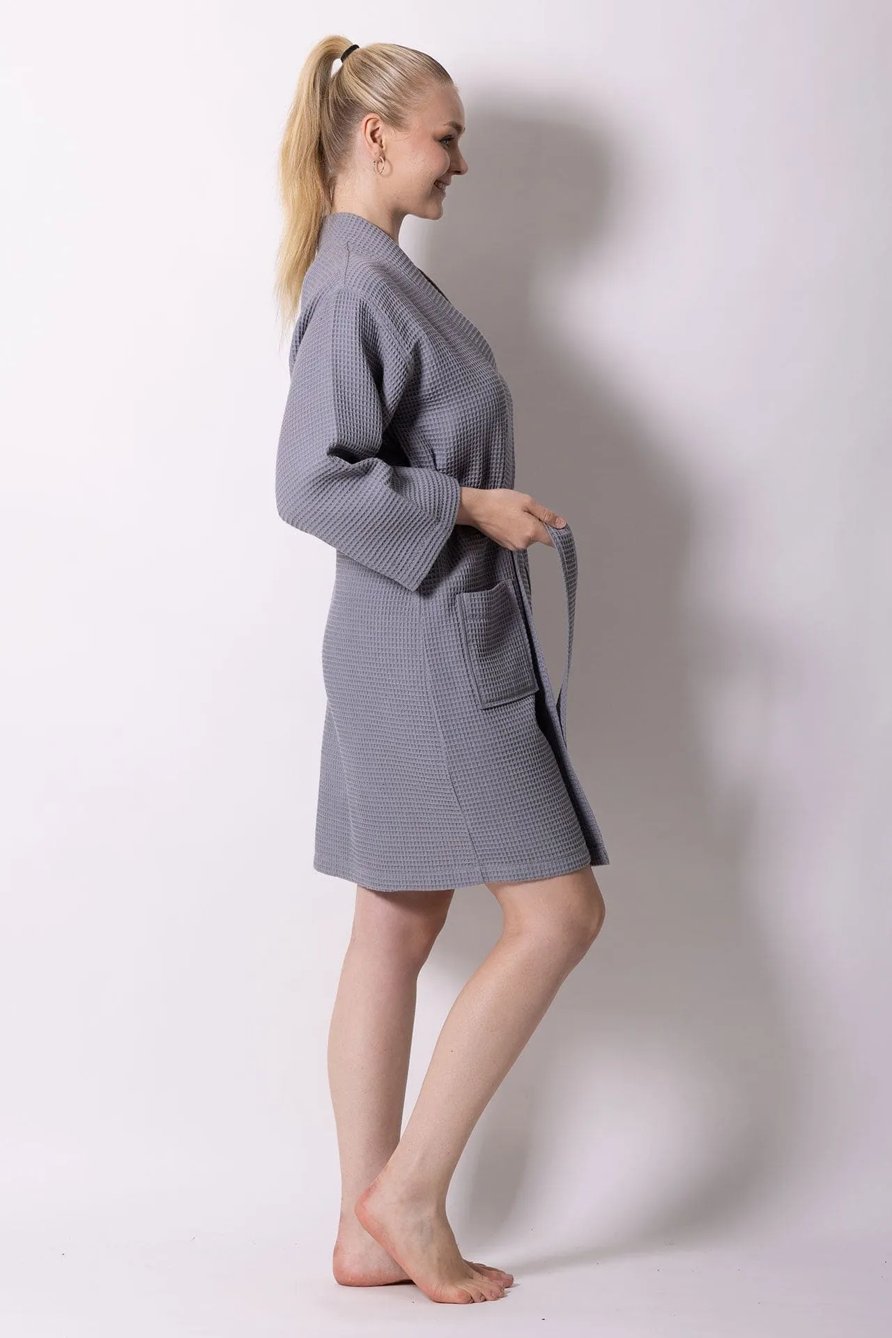 Women's Waffle Kimono Bathrobe, Knee Length, Stylish Cotton Turkish & Comfort Soft (Gray)
