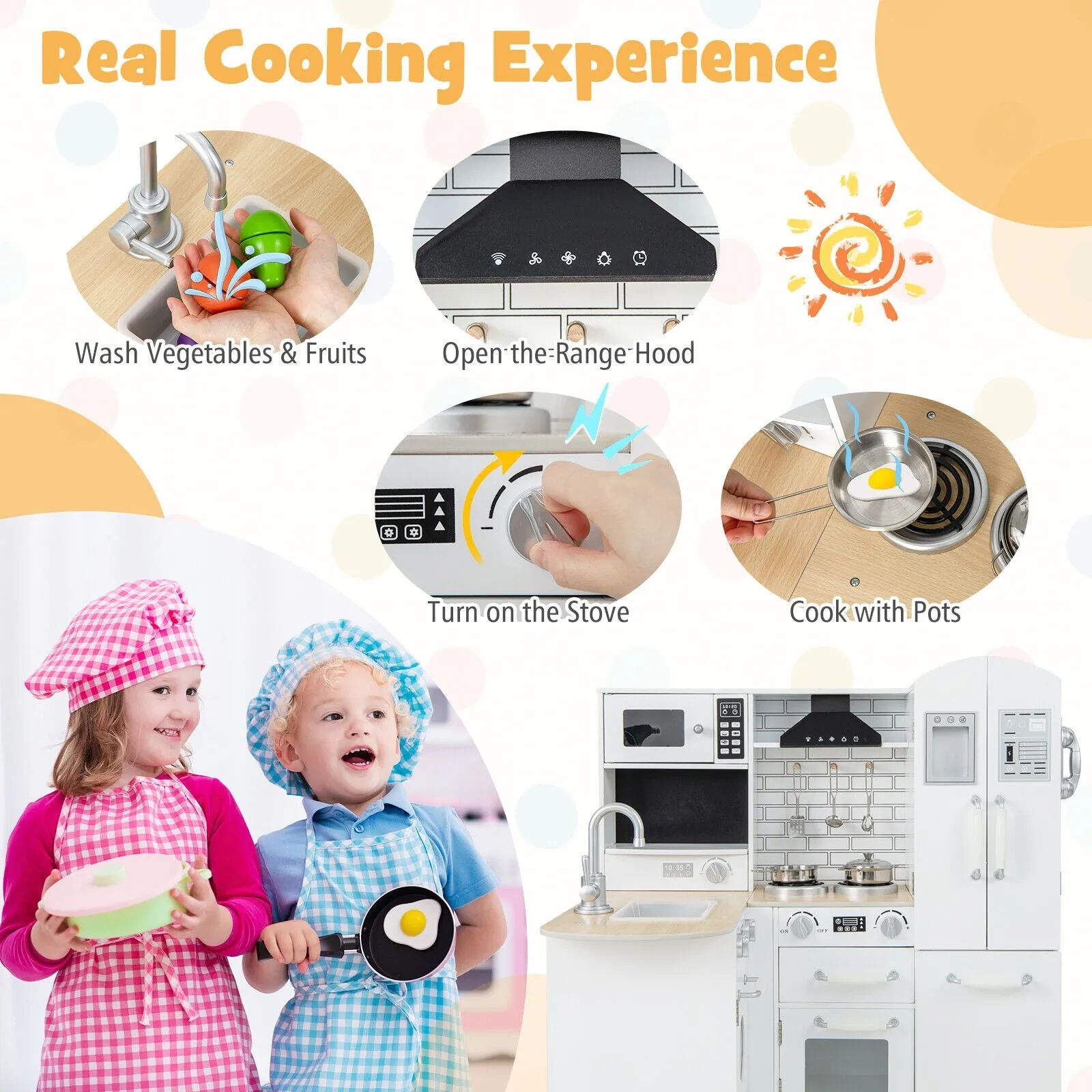 Wooden Kid's Corner Kitchen Playset with Stove for Toddlers - Natural & White