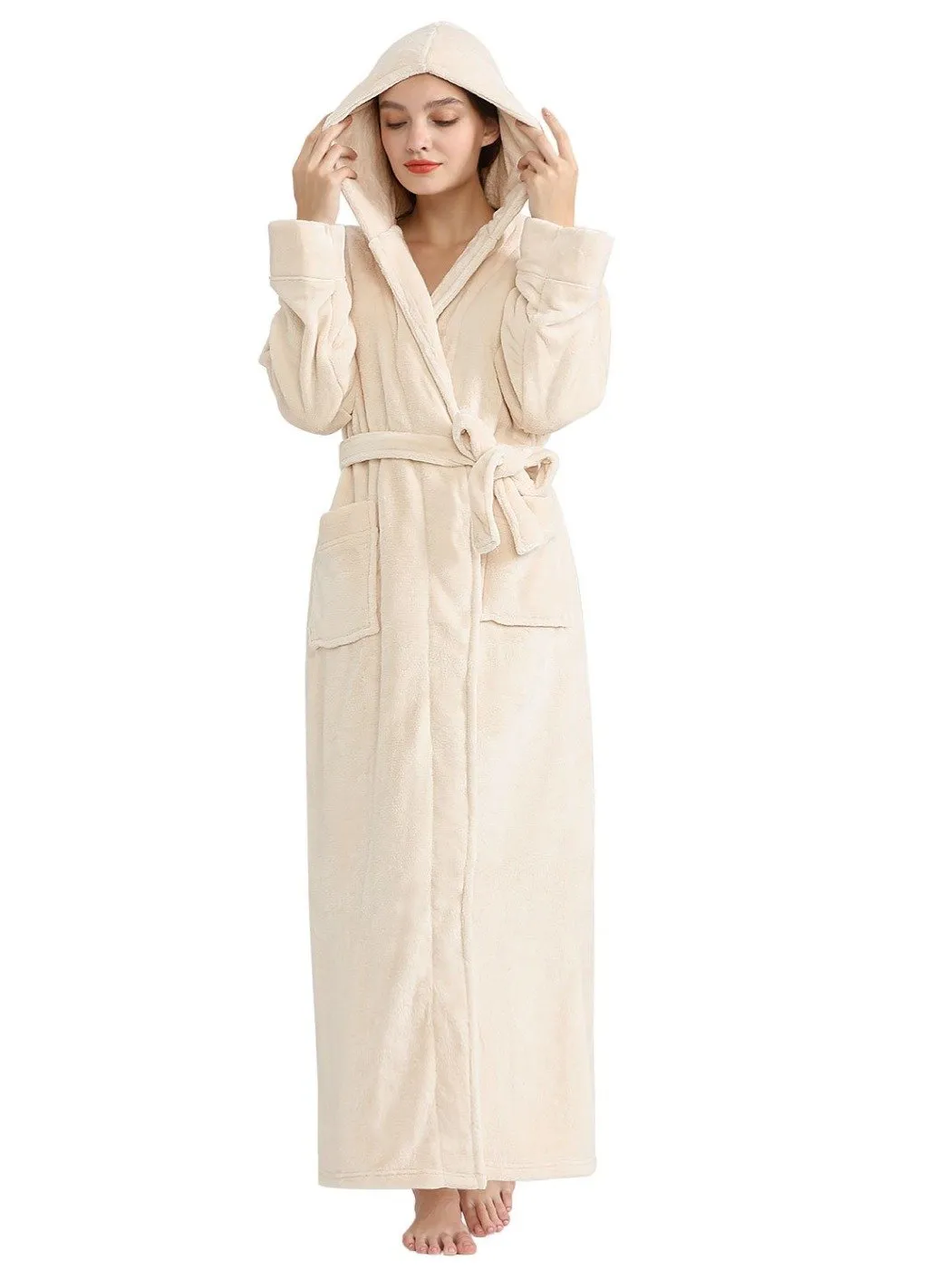 ZFSOCK Long Sleeves Ankle Length Fluffy Flannel Dressing Gown Bathrobe with Hood Sleep Wear Winter Wedding Robe