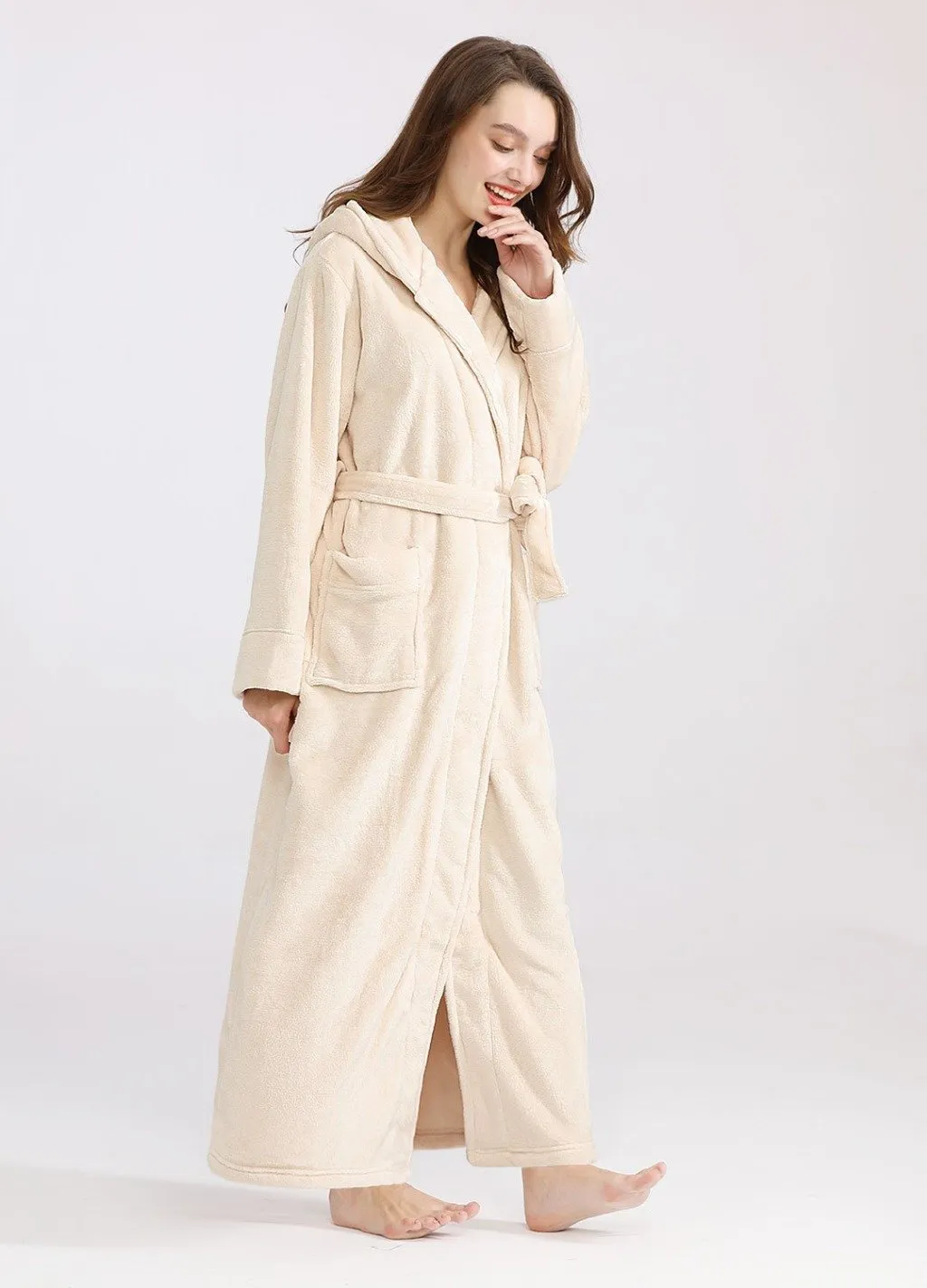 ZFSOCK Long Sleeves Ankle Length Fluffy Flannel Dressing Gown Bathrobe with Hood Sleep Wear Winter Wedding Robe